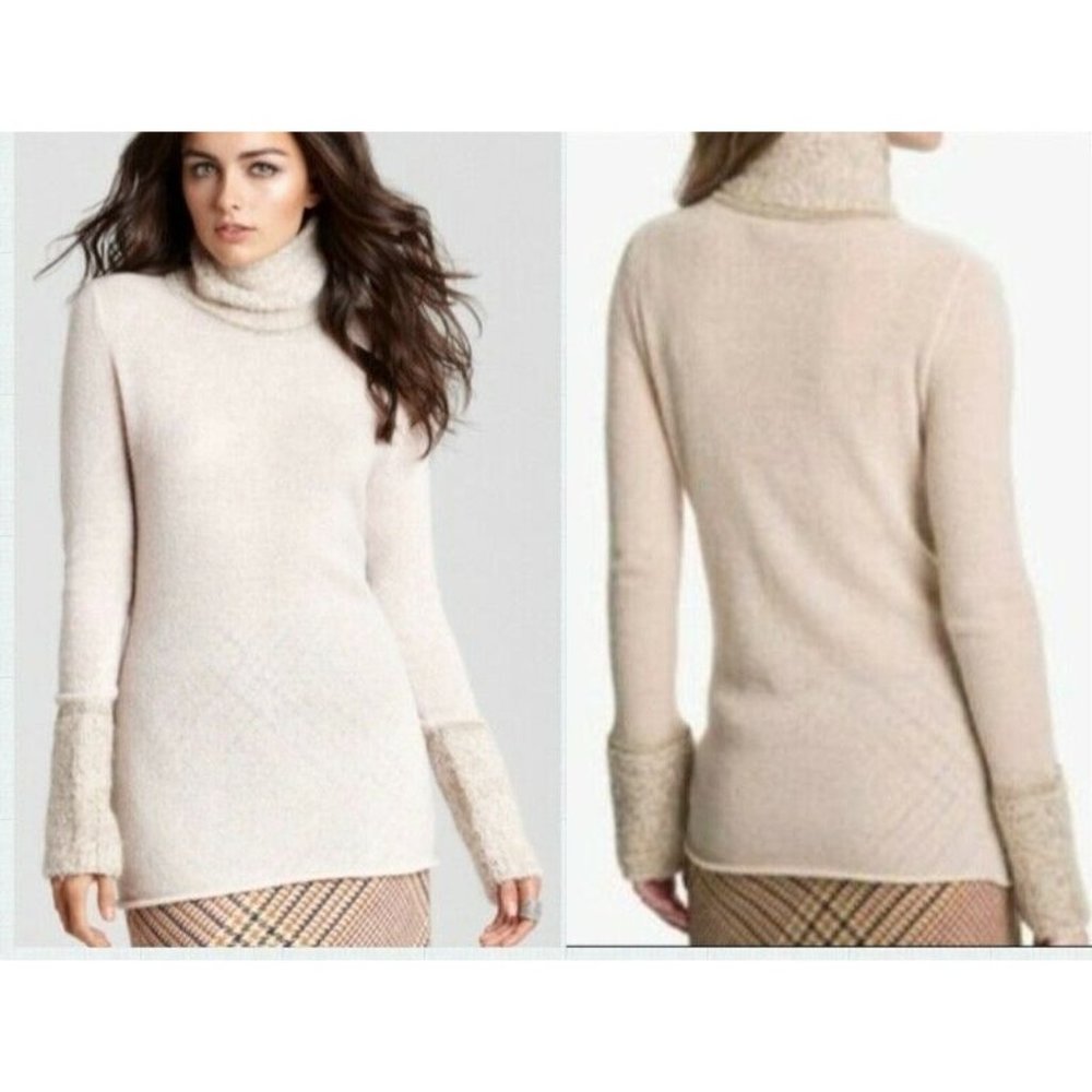 Tory Burch Angelina Turtleneck Sweater Medium Cream Metallic Boucle wool Alpaca
